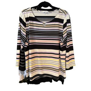 CALVIN KLEIN Blouse Women's XL Striped Vneck Pullover Poly Flowy Top 3/4 sleeve